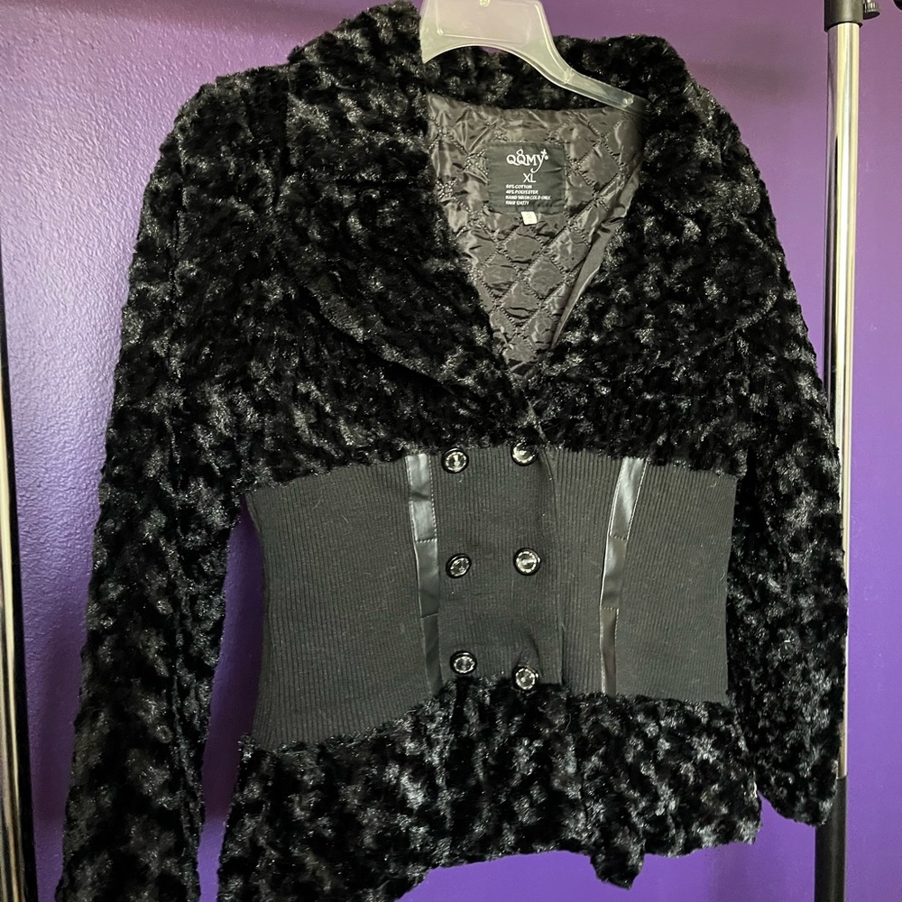 Unique Black Jacket Plush Faux Fur Corset Waist